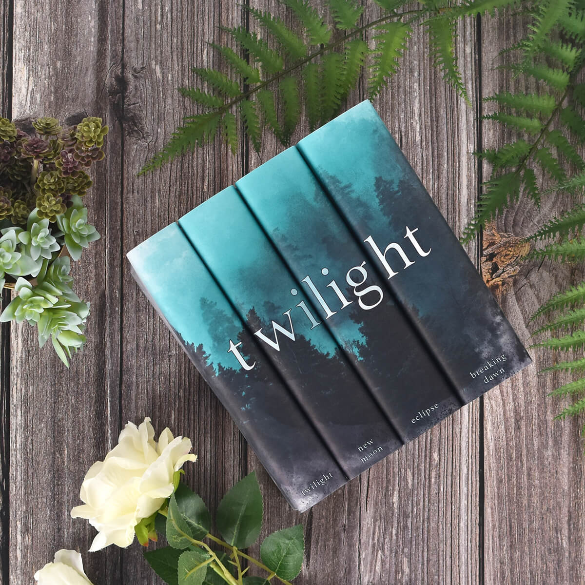 Twilight Four book set sitting against distressed wood surrounded by ferns, succulents, and ferns.