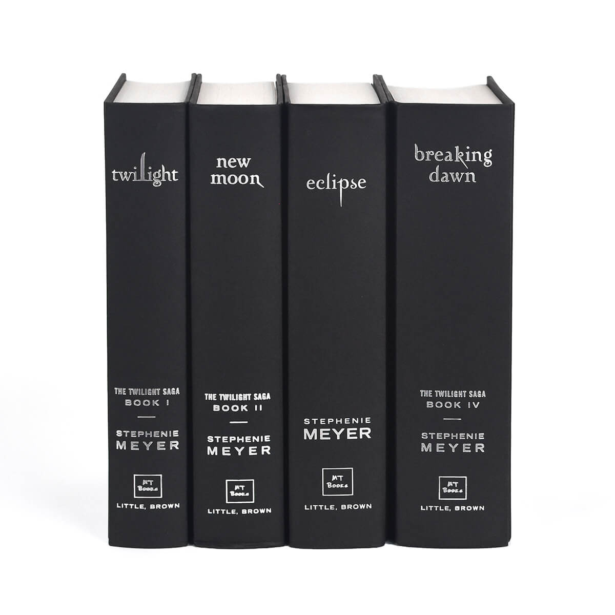 Unjacketed books in the Twilight Four book set. Books are solid black with silver type on spine.