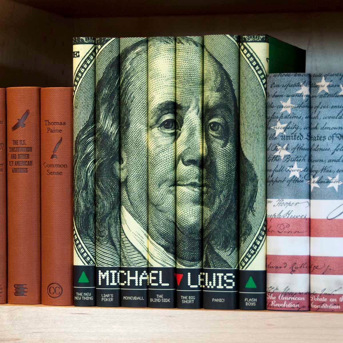 Michael Lewis' works are available here in a made-to-order (MTO) set of volumes published by W.W. Norton & Company and wrapped in custom-printed Juniper Books jackets that feature an illustration of the $100 bill, with the book titles and Lewis’s name cleverly disguised as stock ticker-tape.