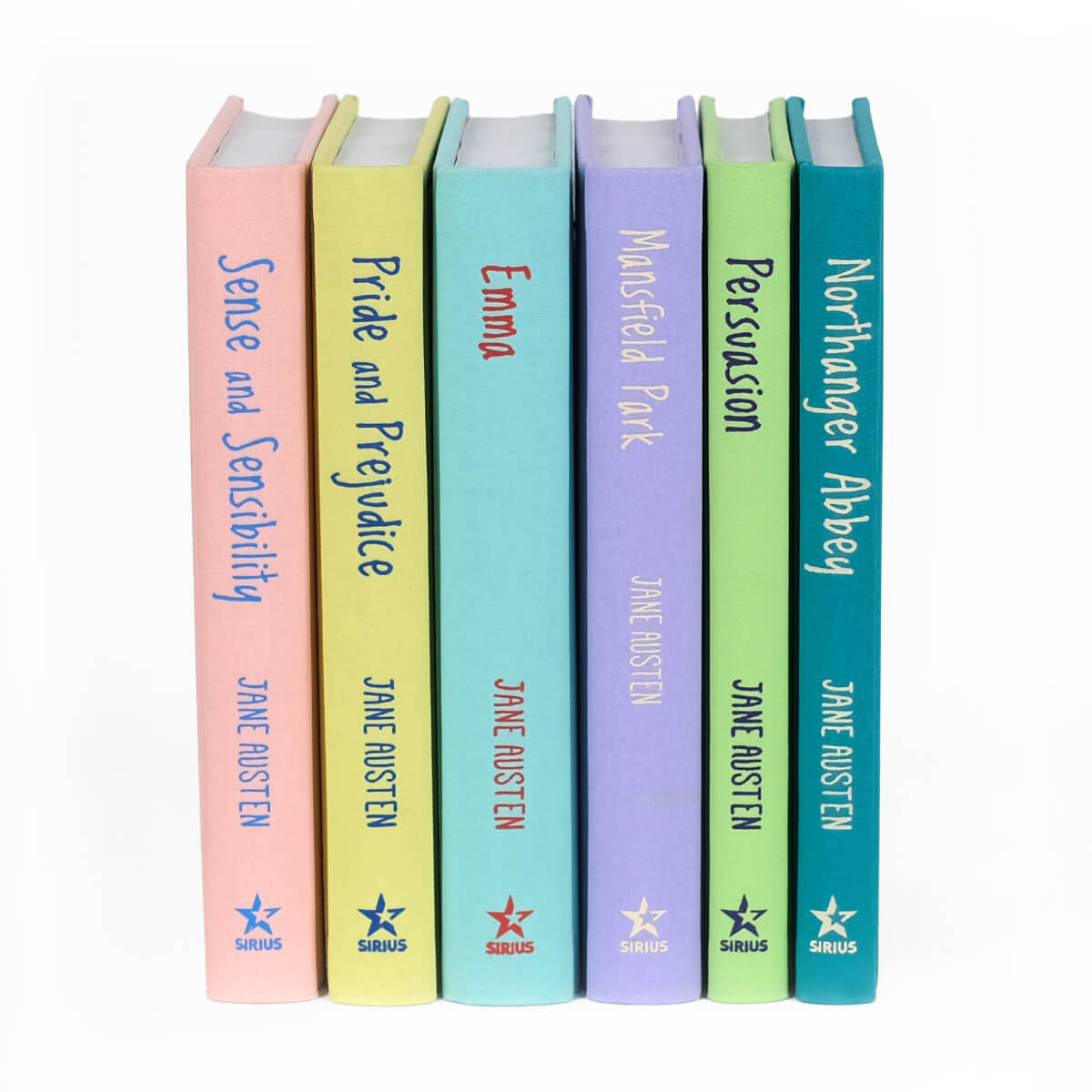 Unjacketed books in the Jane Austen Obvious State set. Pastel book spines in pink, yellow, blue, purple, green, dark blue with title and author down the spine.