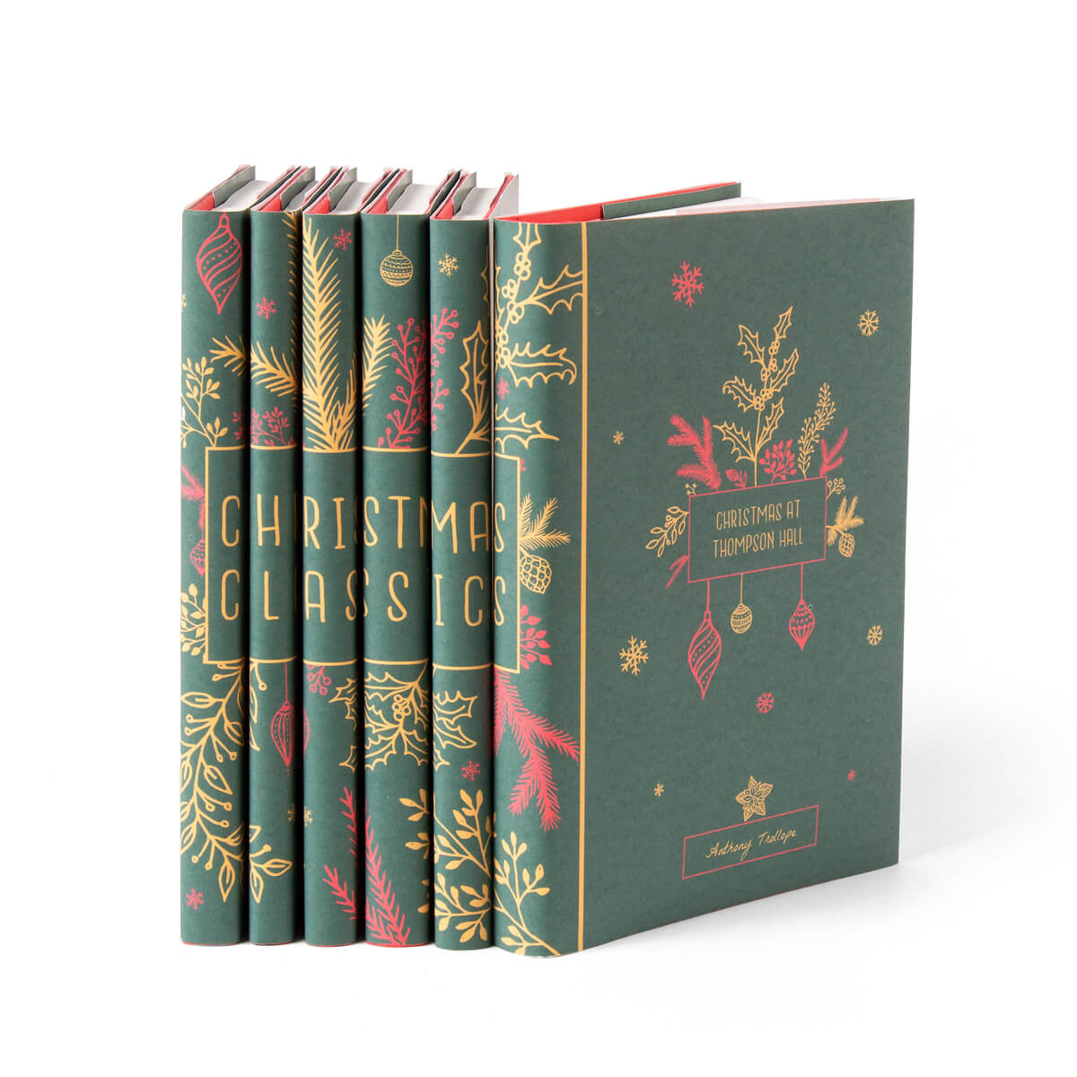 This festive set of novels is the perfect way to celebrate your favorite year-end traditions. Book Set, gift, trade, Christmas shopping. Hunter green covers with mistletoe and ornament illustrations
