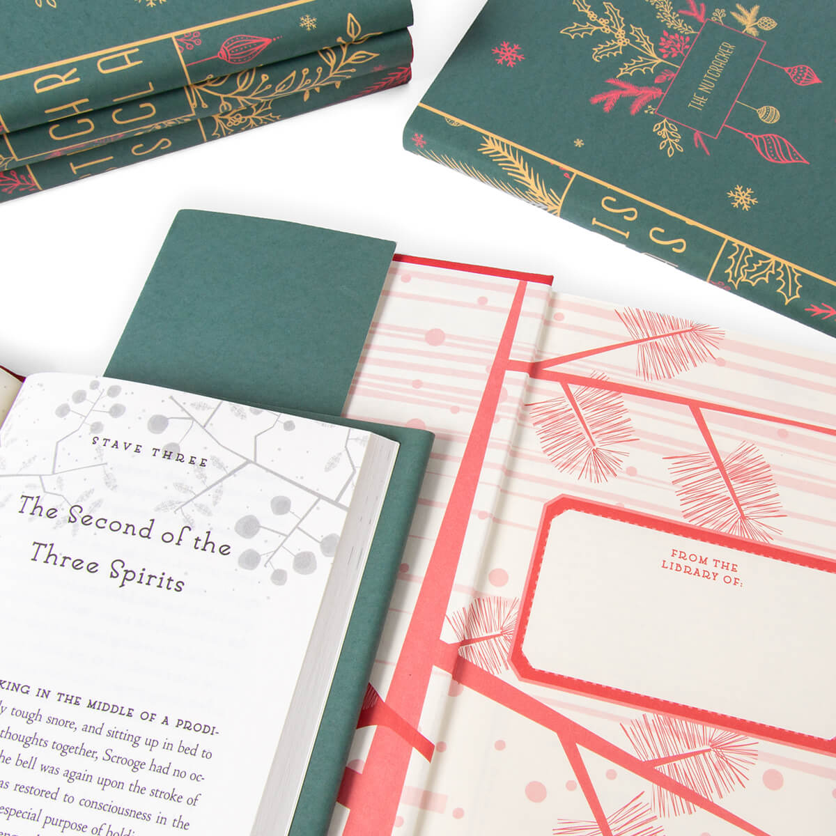 This festive set of novels is the perfect way to celebrate your favorite year-end traditions. Book Set, gift, trade, Christmas shopping. Detail shot of font in books in the Christmas Classic Book Set.