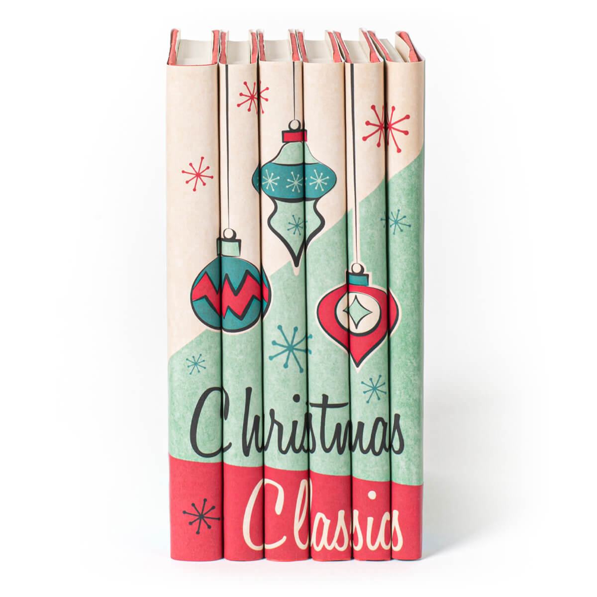 This festive set of novels is the perfect way to celebrate your favorite year-end traditions. Book Set, gift, trade, Christmas shopping. Retro Red, white, green cover with three illustrated ornaments. 