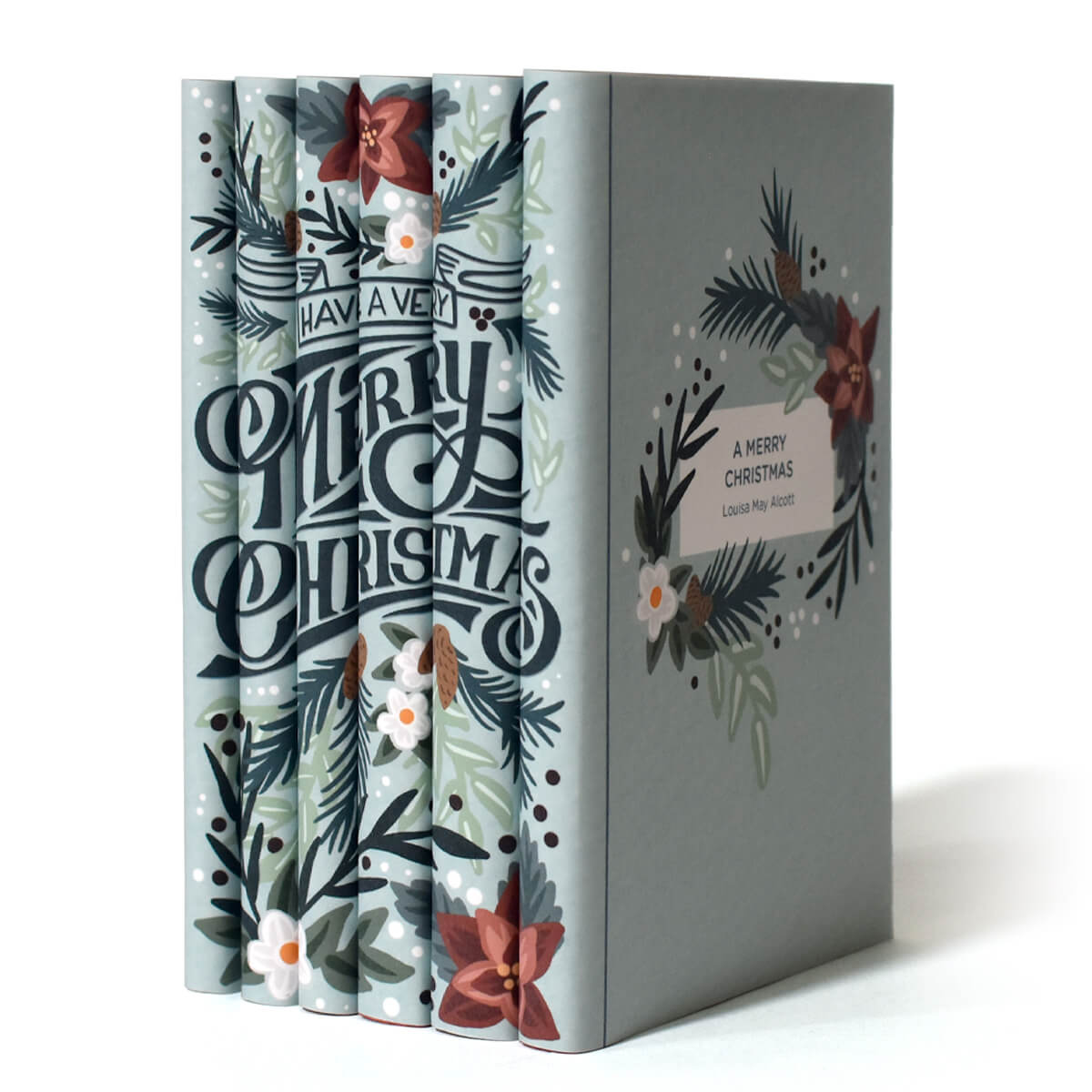 This festive set of novels is the perfect way to celebrate your favorite year-end traditions. Book Set, gift, trade, Christmas shopping. Merry Christmas written across spines featuring illustrated pine bows and pine cones.