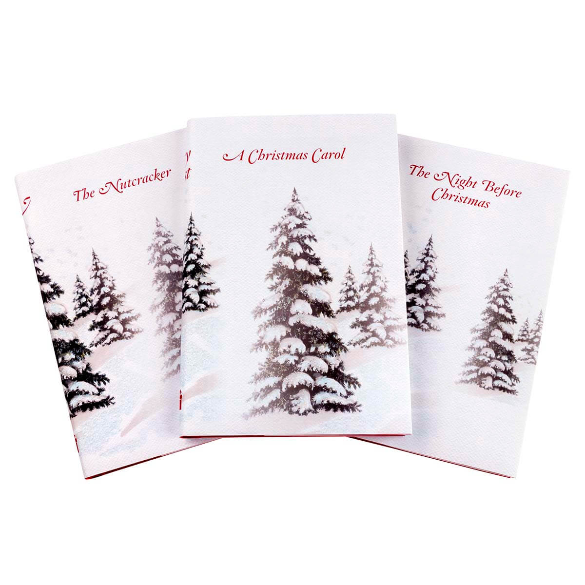 This festive set of novels is the perfect way to celebrate your favorite year-end traditions. Book Set, gift, trade, Christmas shopping. Covers feature red script font and snowy pine trees.