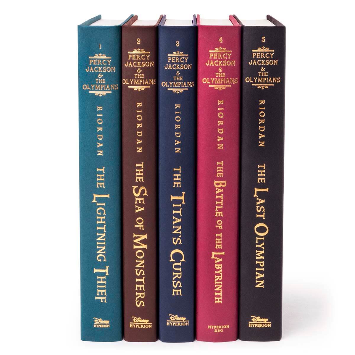 Unjacketed books in the Percy Jackson and the Olympians series.