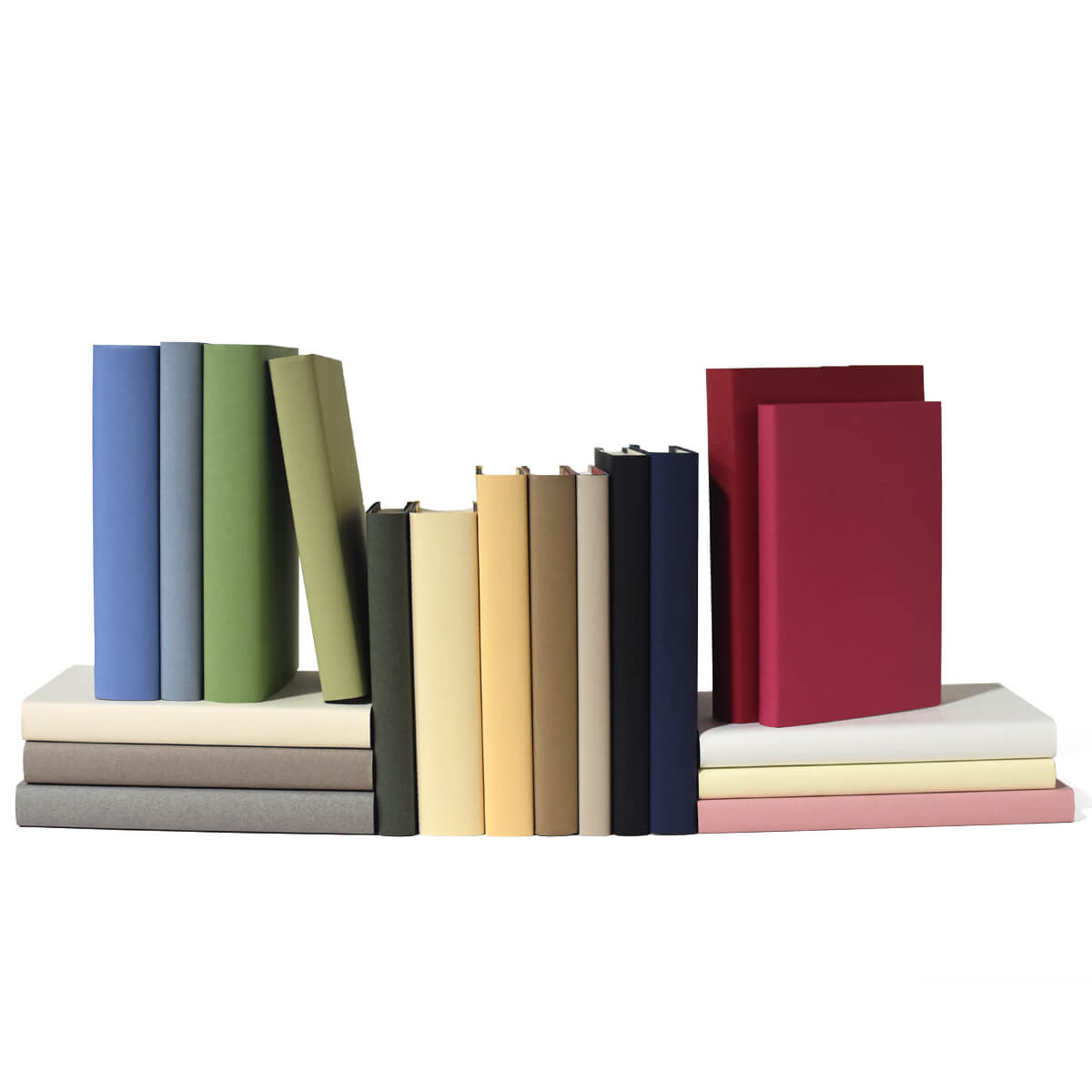 Add an unexpected visual interest to any shelf - color blocks of paper-wrapped books from Juniper Custom! Each linear foot of books is hand-wrapped in fine, matte art paper.  The underlying books are hardcover, repurposed editions standing between 9” to 10.” They will be brought into your order for size, not content.