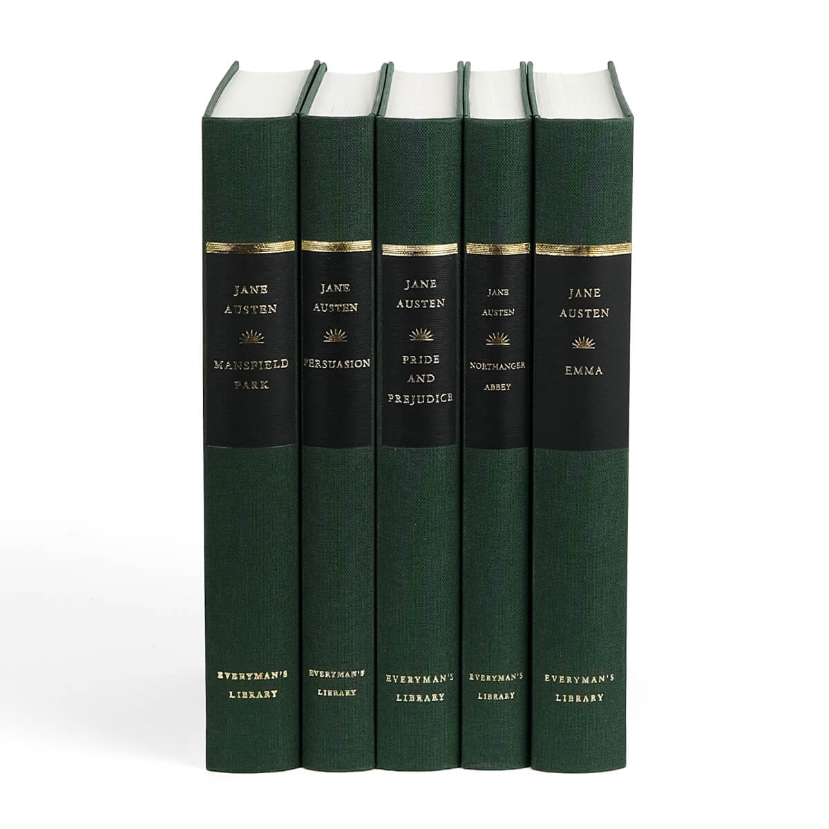Unjacketed set of book spines in the Jane Austen Delicious Solitude Set. Books are green fabric Everyman's Library books with author's name and book title in gold font.