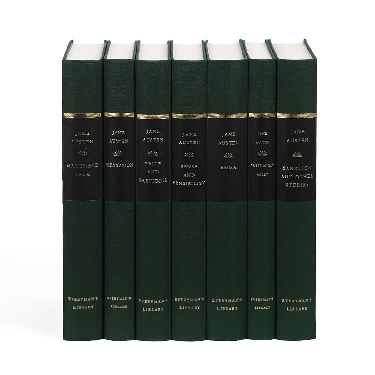 Unjacketed Everyman's Library books in the Jane Austen Delicious Solitude set with green fabric spines.