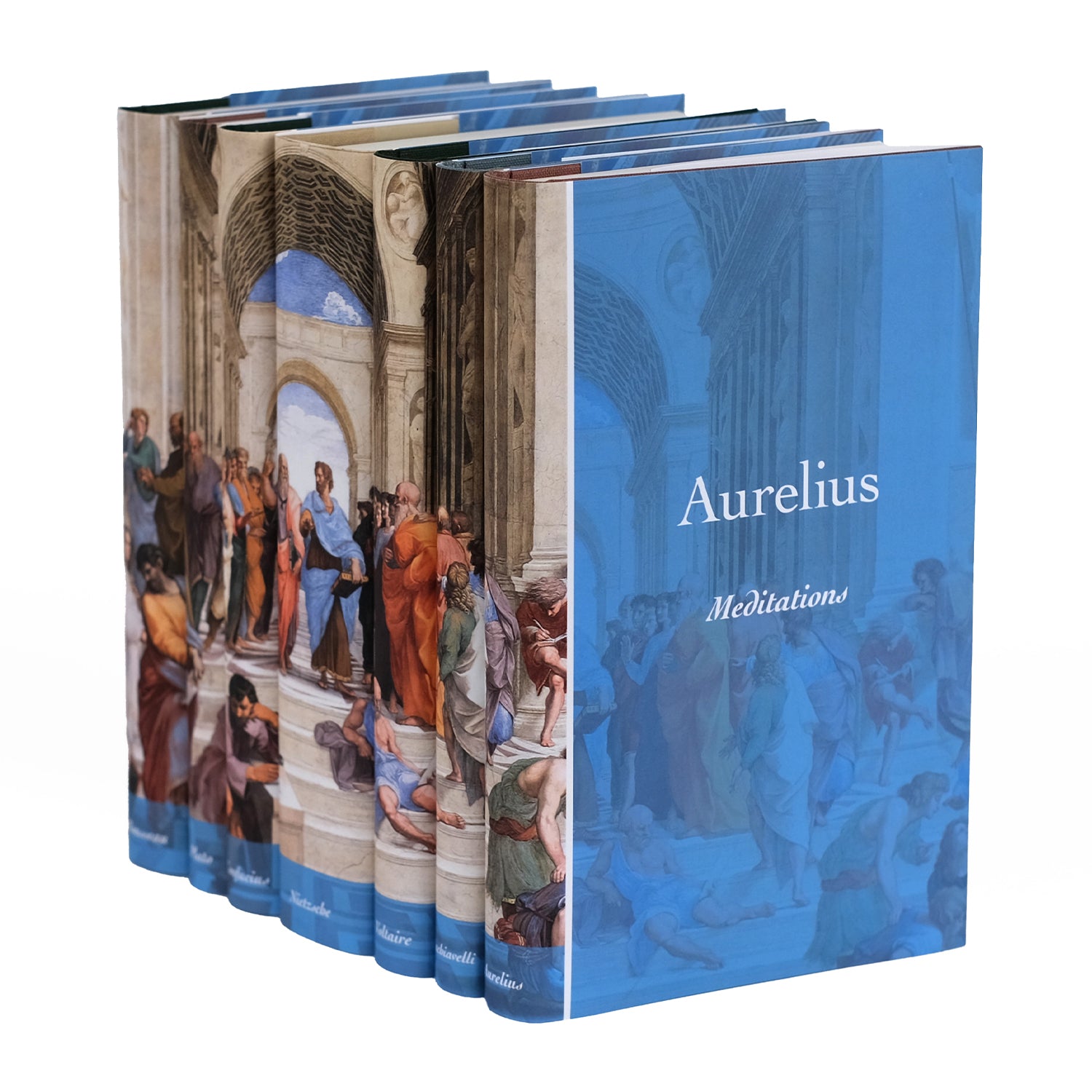 A set of seven hardcover books displayed at an angle, showing book covers that together form Raphael's painting The "School of Athens". The book at the forefront features the title "Aurelius" and "Meditations" on a blue background with part of the painting visible underneath. The remaining books show portions of the continuous artwork, illustrating various scholars and philosophers in discussion. The spines of the books are labeled with the author's name.