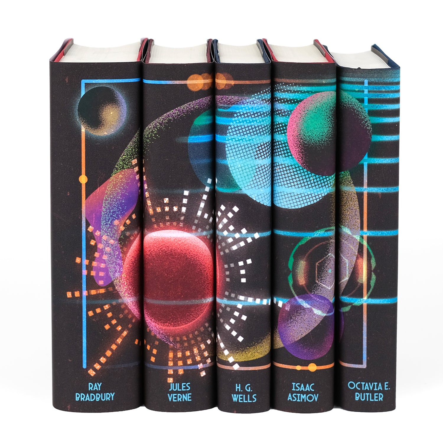 A set of five science fiction books with black dust jackets featuring a vibrant, futuristic design of abstract planets, grids, and glowing geometric patterns in shades of red, blue, purple, and orange. The spines display the names of classic sci-fi authors: Ray Bradbury, Jules Verne, H.G. Wells, Isaac Asimov, and Octavia E. Butler. The design flows seamlessly across the spines, creating a cohesive cosmic aesthetic.