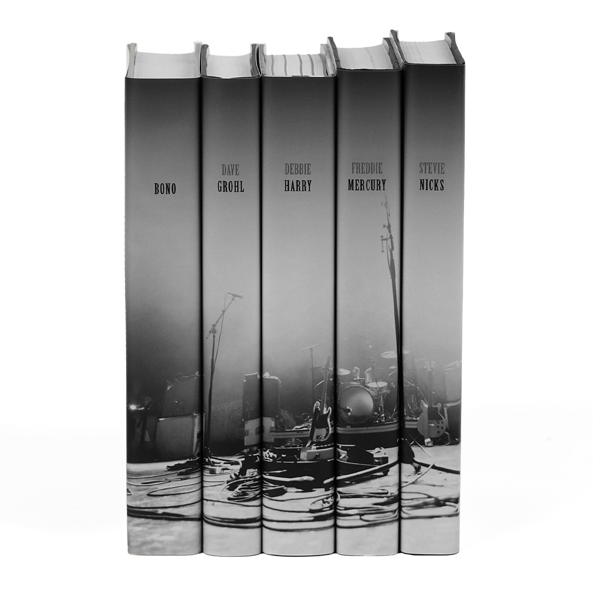 Photo of the spines together in the Legends of Rock Set from Juniper Books. Covers feature black and white photo of a stage and musician's names.