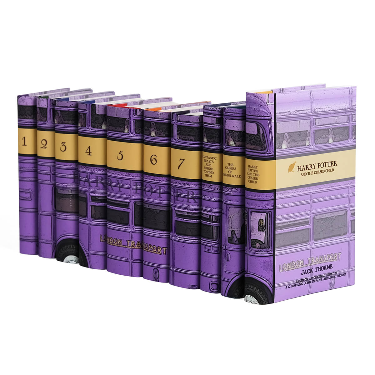 Angle shot of UK Harry Potter Bus set. Spines form a purple London Bus and numbered spines. Front cover features book titles and author along with a symbol from each book.