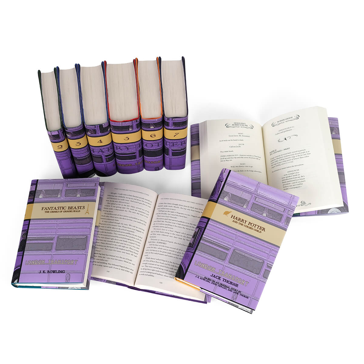 Detail shot of open book to display book print size set against book spines. Open book surrounded by a few other books in series with front covers facing up.