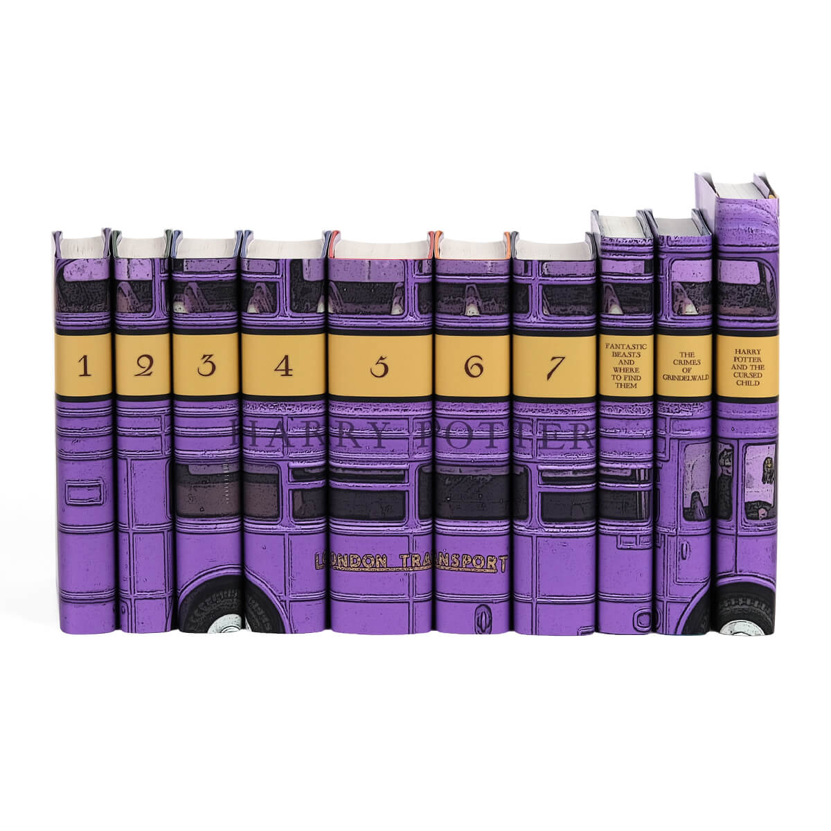 Harry Potter Bus, Jackets Only set from JuniperCustom. Purple London bus stretches across book spines. Book number and titles centered on spines. Purple knight bus book set