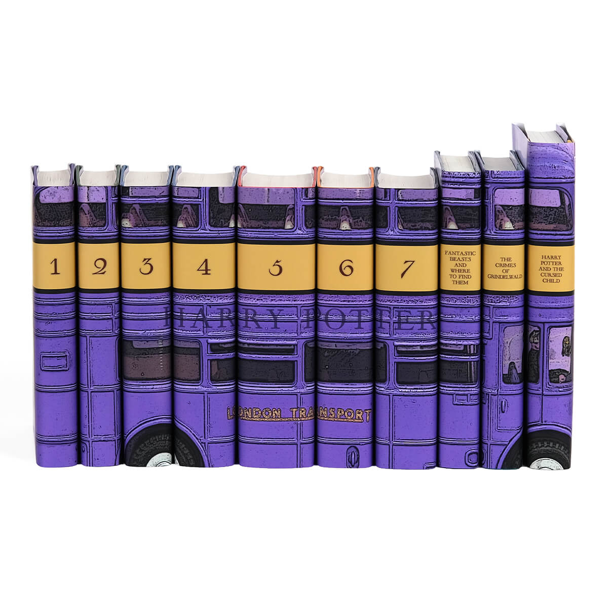 Harry Potter Bus, Jackets Only set from JuniperCustom. Purple London bus stretches across book spines. Book number and titles centered on spines.