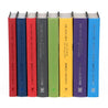 Unjacketed books in The Witcher Series. Books are hardcover with bright spines in red, yellow, green, purple, and blue.