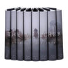 The Witcher custom collectible dust jackets from Juniper Custom featuring an image of a man on a horse walking on a path through the mist across the book spines.