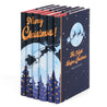 This festive set of novels is the perfect way to celebrate your favorite year-end traditions. Book Set, gift, trade, Christmas shopping. Merry Christmas written across spines above illustration of santa flying in his sleigh with his reindeer.