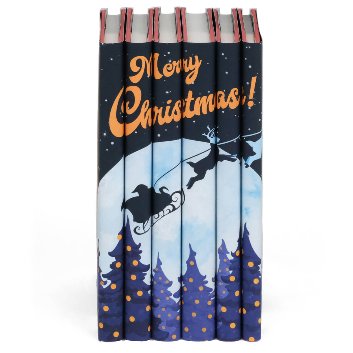 This festive set of novels is the perfect way to celebrate your favorite year-end traditions. Book Set, gift, trade, Christmas shopping. Merry Christmas written across spines above illustration of santa flying in his sleigh with his reindeer.