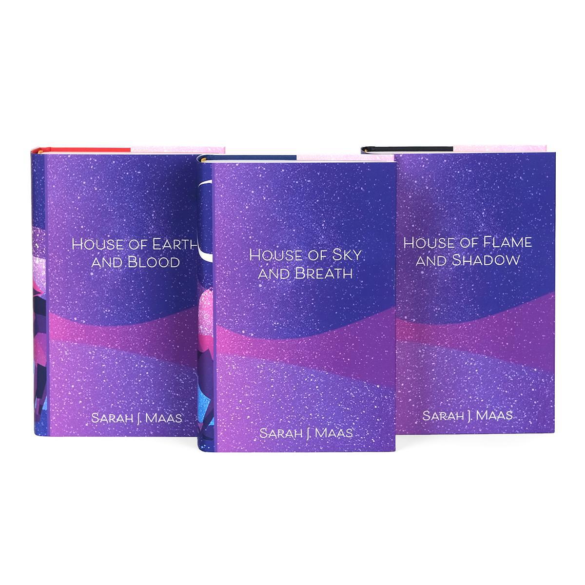 Front cover shot of all three books in The Crescent City Book Set from Juniper Books. Covers feature author name and book title in white against a pink and purple starry background.