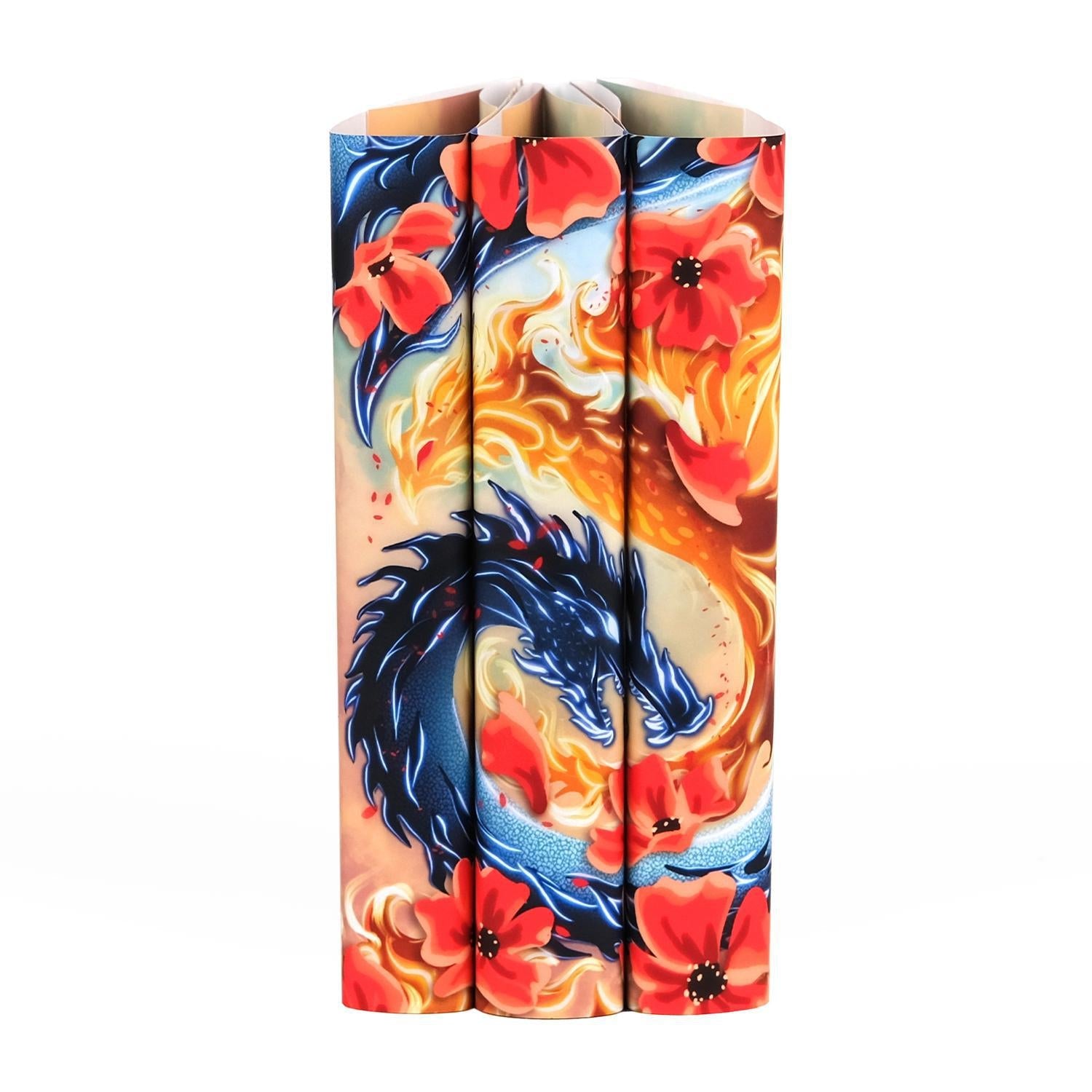 A set of three books from The Poppy War trilogy by R.F. Kuang with visually stunning dust jackets. The artwork showcases a dynamic blue dragon coiled amidst a fiery phoenix and vibrant red poppies, with the spines aligning to form a seamless, bold design.