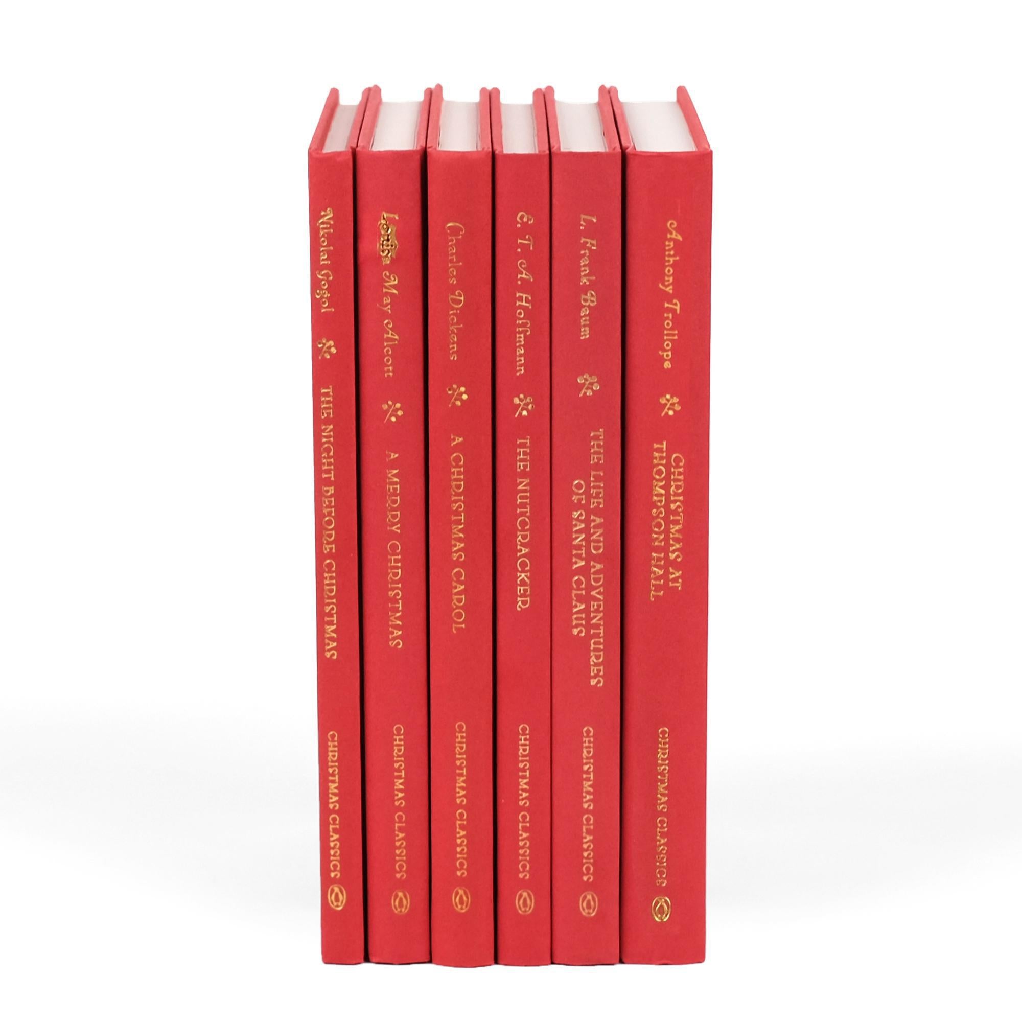 Unjacketed books in the Christmas Classic Book Set. Books are red with gold foil titles, author name, and publisher on the spines.