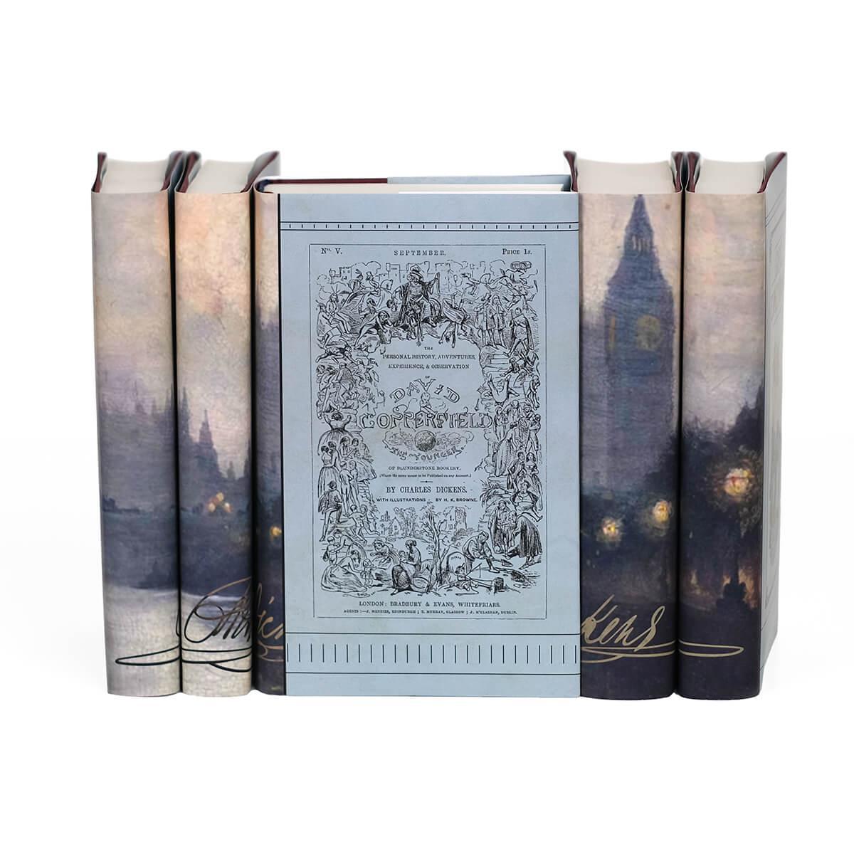 David Copperfield illustrated light blue cover facing forward surrounded by other four books in the series depicting Dickensian London scene on their spines 