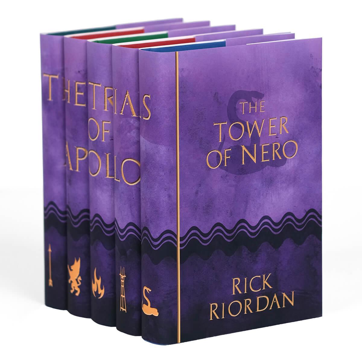 Cover designs for The Trials of Apollo custom collectible dust jackets. Each covers feature the book title and author and a symbol significant to the book.